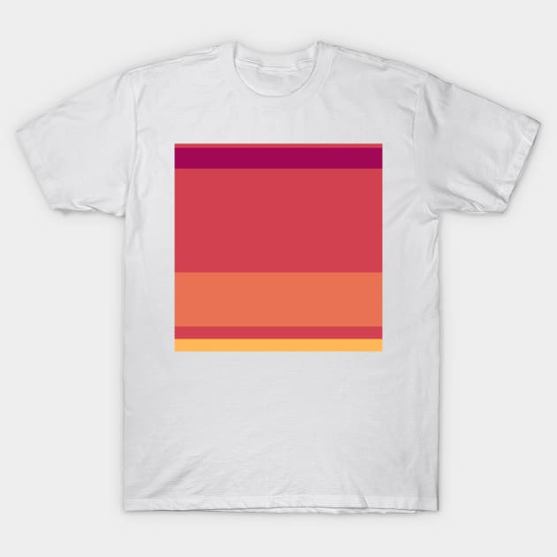 An admirable hybrid of Almost Black, Dark Fuchsia, Faded Red, Light Red Ochre and Pastel Orange stripes. T-Shirt by Sociable Stripes